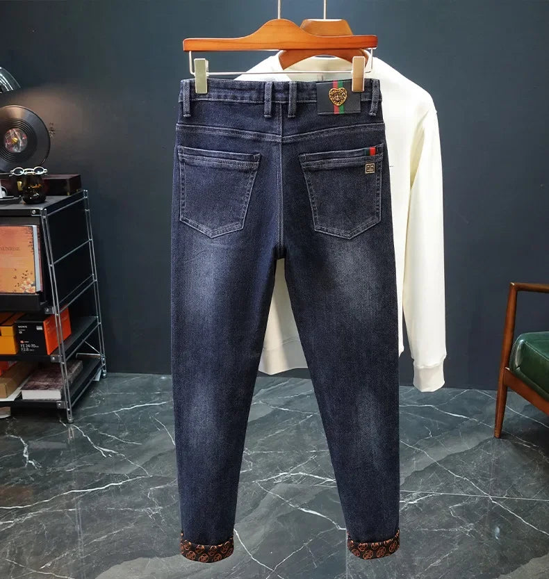 Gestickte Slim-Fit-Jeans mit geradem Bein, High-End-Freizeithose für Herren, durchgehender Bodendruck, dehnbar, trendige Marken-Freizeitjeans.
