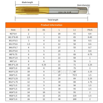 HSS Titanbeschichtung Gewindebohrer Bohrer M2 M2,5 M3 M3,5 M4 M5 M6 M8 M10 M12 Metrische gerade Nut Gewindebohrer Handwerkzeuge