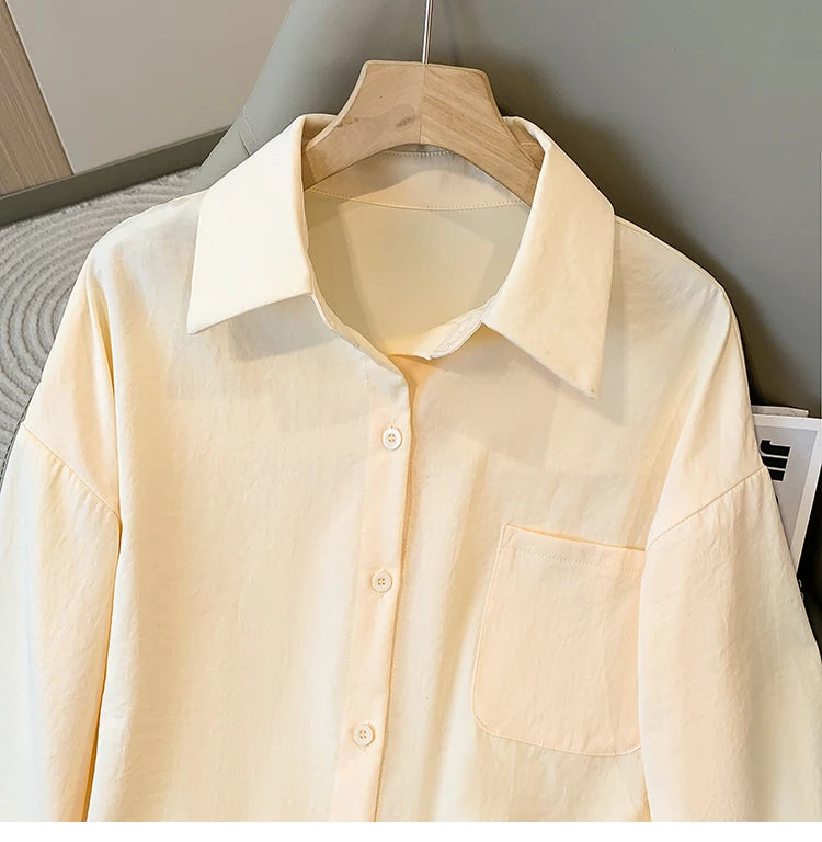 Plus Size Women's Blouses 2025 Spring Autumn Simple Lady Shirts Long Sleeve Big Pockets Shirt Loose Casual Tops.