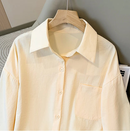 Plus Size Women's Blouses 2025 Spring Autumn Simple Lady Shirts Long Sleeve Big Pockets Shirt Loose Casual Tops.