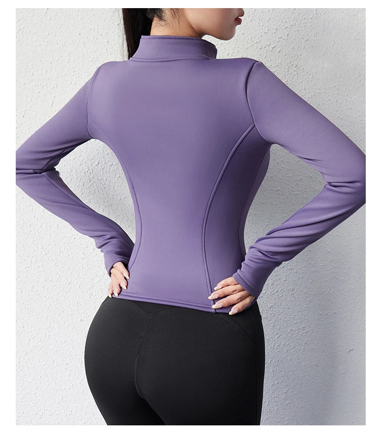 Damen Winter-Fleece-Yoga-Jacke mit durchgehendem Reißverschluss, langen Ärmeln, Workout, Activewear, Sport-Fleece-Yoga-Jacke mit Daumenloch