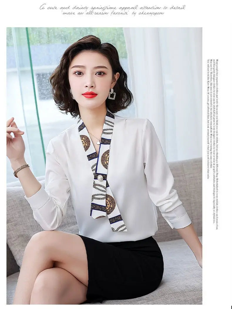 Women's fashionable streamer tops fashionable and elegant small fragrance style covering the belly satin shirt.