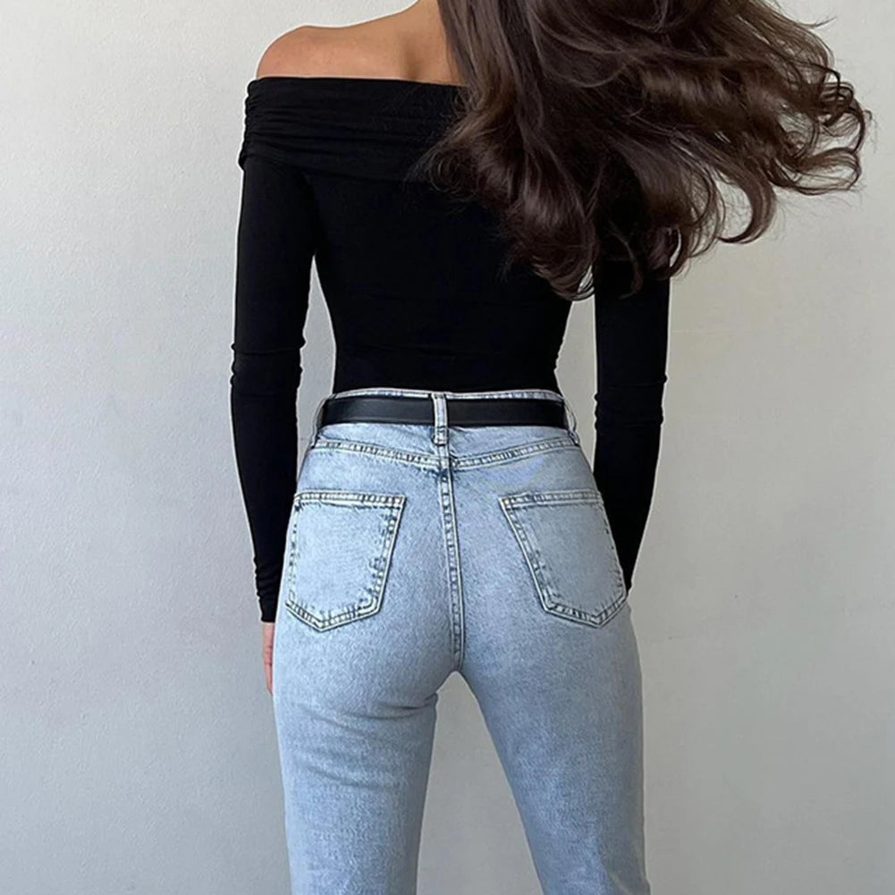 Casual Daily Wear Top Fashiontop Slim Fit Bodysuit Off-shoulder Top Brand New Condition Cross Design Four Seasons Wear.