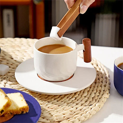 130ML Ceramic Coffee Cup Saucer Set Wooden Handle Japanese Tea Cups Filter Home Water Mug Handmade Frosted Tea Coffee Cup Gift.