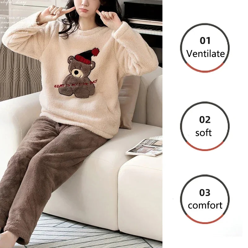 Verdickte warme große Größe gepolsterte Herbst und Winter Damen Pyjama Top und Hose Set Korallen Samt Damen Cartoon Bär 2 Teile/satz.
