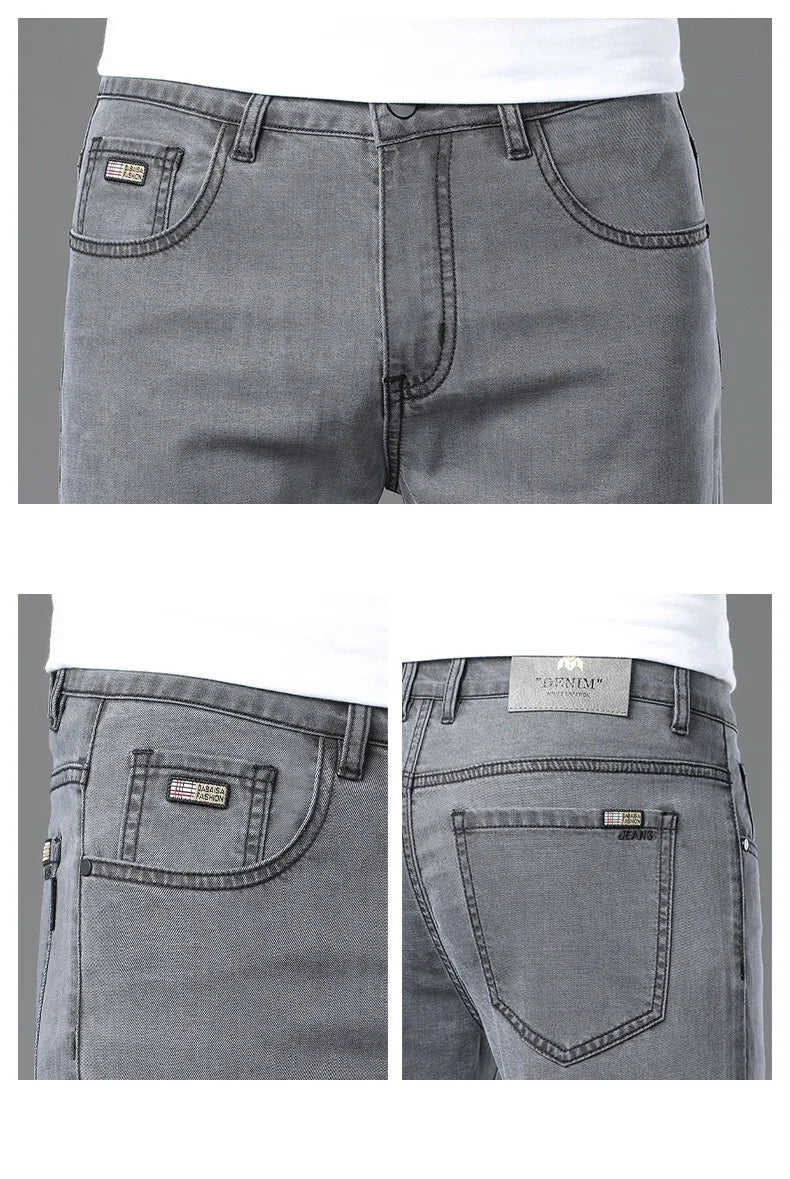 Summer Lyocell Ultra-thin Jeans Men Straight Stretch Breathable Denim Pants Fashion Business Casual Male Trousers Black Gray.