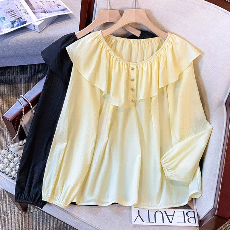 2025 French Large Size Long Sleeve O-neck Solid Color Loose Ruffle Shirt Ladies Spring Autumn Plus Size Blouses for Women.