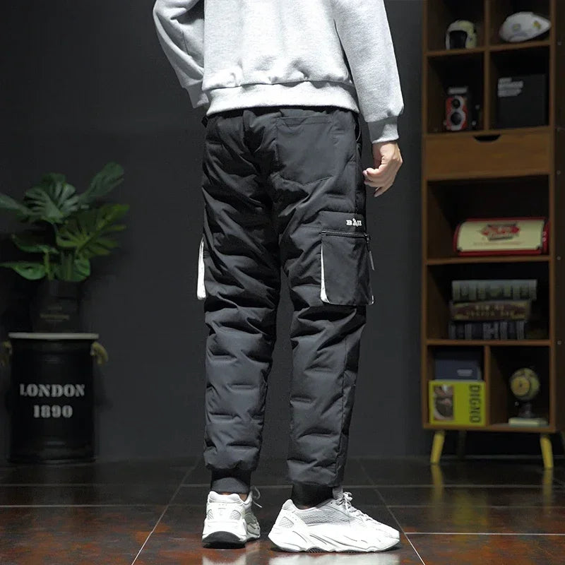 Men's Winter Pants Duck Down Padded Pants Thick Warm Black Loose Jogger Windproof High Waist Elastic Thermal Down Trouser Male.
