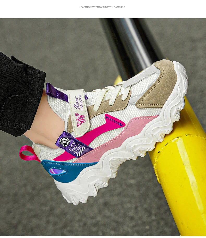 Fashion Children Shoes Girls Sneaker Black Pink PU Leather Platform Casual Sneaker School Tennis Sports Shoes for Girls.