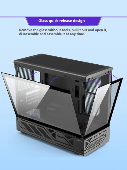 Power Train N5 MATX desktop room with a column-free sea view features a glass side computer case supports 360 water cooling.
