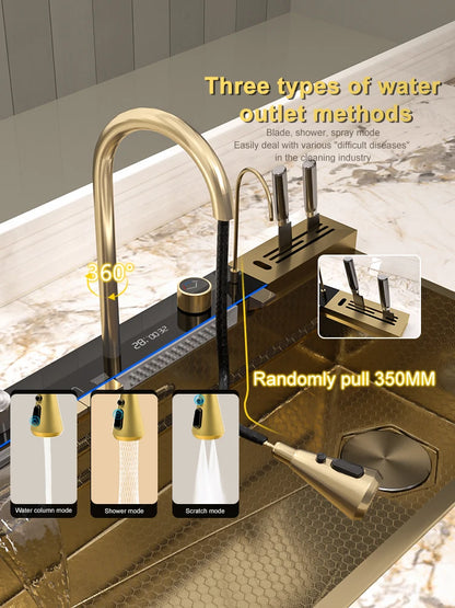 Golden Stainless Steel Kitchen Sink Waterfall Outlet Large Single Sink Digital Display Dishwashing and Vegetable Sinks