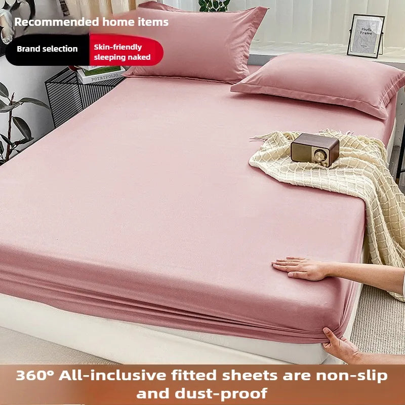 1Pc Fitted Bed Sheet With Elastic Band Solid Color Anti-slip Adjustable Mattress Cover for Single Double (No Pillowcase）.