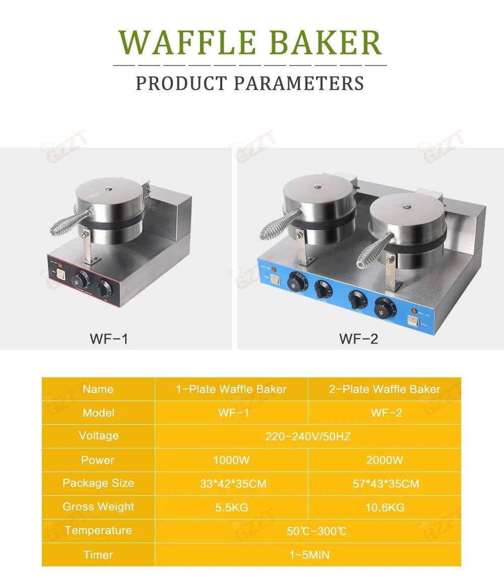 GZZT Commercial Double Head Waffle Maker 4-Piece Non-stick 2000W Adjustable Temperature 50-300℃ High-Efficiency Snack Machine.
