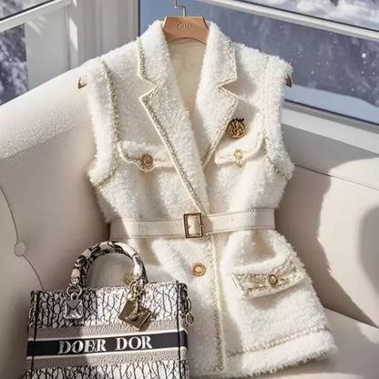 Frankreich Elegante Taille Gürtel Weiß Lamm Wolle Jacke Ärmellose Blazer Frauen Weste Formale Büro Dame Koreanische Mode Oberbekleidung.