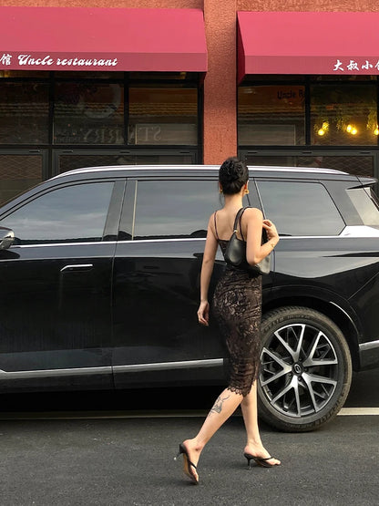 Sexy Spitzen riemen Kleid elegant für Frauen Sommer neue hohe Taille schlank gewickelt Hüfte mittellanges Kleid Mode Spitze süß 626x.