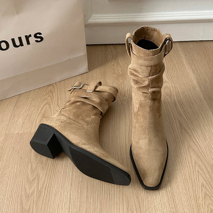 Autumn Winter Suede Pointed Toe Women Ankle Boots Fashion Slip On Thick Heel Shoes Ladies Elegant Slim Short Booties