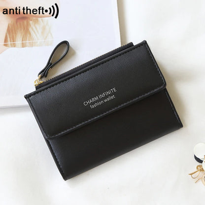 RFID Anti-Theft Short Card Bag for Women, Brush, PU, Solid Color, Zipper Buckle, Multi-functional Fashion, Small Purse.