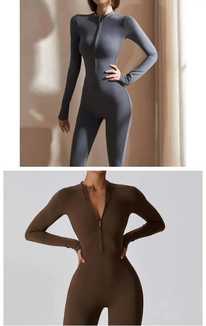 Fall New Long Sleeve Zipper Tight Butt Show Fitness Pants Women Running Sports Training Yoga Clothes Black One-Piece Suit.