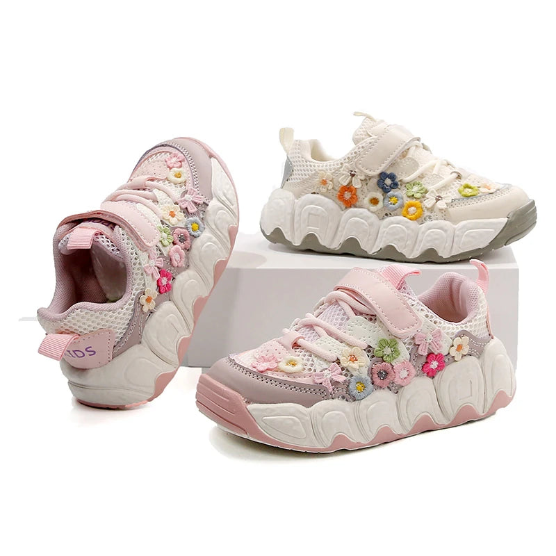Girls Flowers Sports Shoes Children Princess Embroidered Running Shoes Air Mesh Girls Casual Sneakers Summer 2025 New