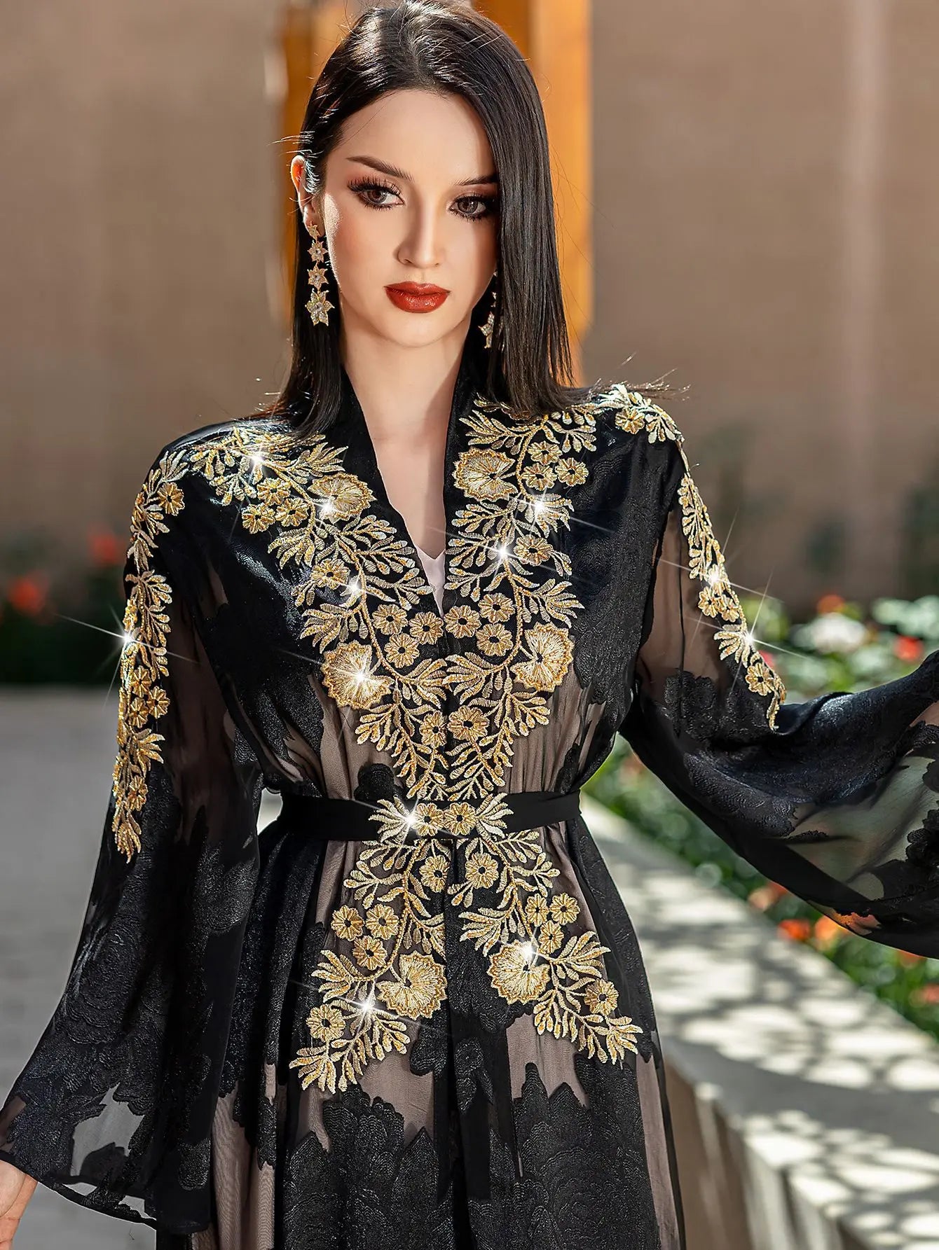 Fashion Lace Embroidered 2 Piece Set Robe Belt Abaya Dubai Kaftan Women Muslim Dress Morocco Caftan Ramadan Kebaya Jalabiya Gown.
