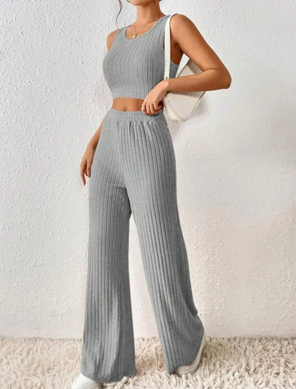 New Spring Solid Color Fashion Casual Knitted Cotton Waist Sleeveless Tank Top High Waist Pants Set For Women's Clothing.