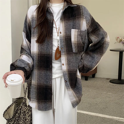 Zjaiss Women Thick Woolen Plaid Blouse Loose Long Sleeved Tops 2025 Autumn Winter New Casual Shirt Long Shirts