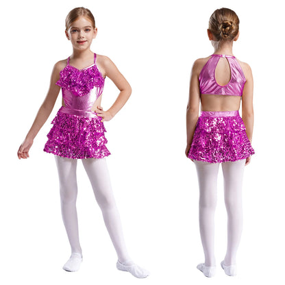 Kinder Mädchen Pailletten Jazz Ballett Tanzkleid Ärmellos Ausschnitt Tiered Rüschen Trikot Salsa Samba Rumba Skating Performance Kostüm