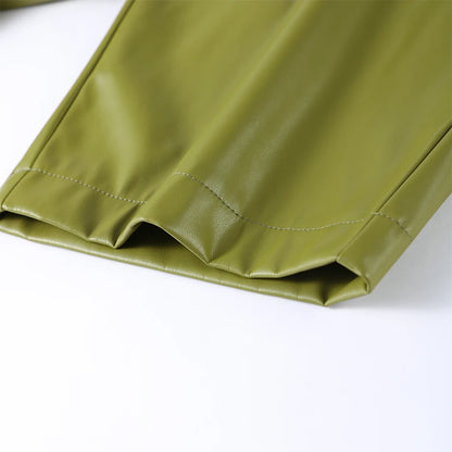 Stylish Leather Solid Jacket Pants Set Women Stand Collar Zipper Coat Loose Trousers Sets Female 2025 Autumn Fashion Streetwears.