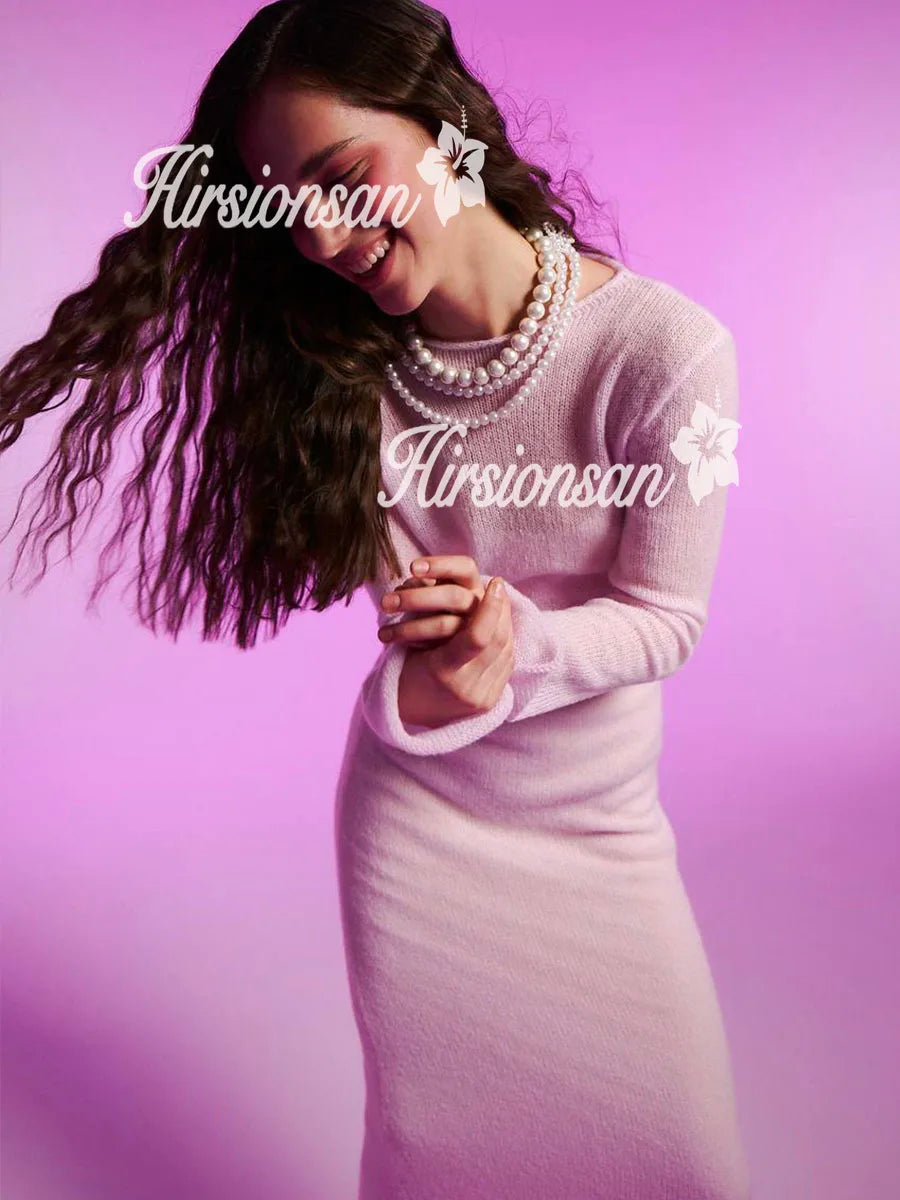 Hirsionsan Frühling Herbst Oansatz Elastische Stricken Lange Kleider Frauen 2024 Elegante Chic Weiche Dame Aushöhlung Pullover Kleider Femme Neue