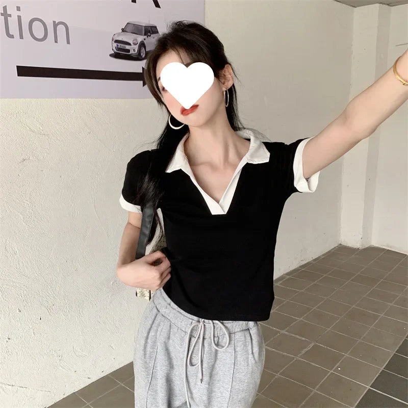 Plus Size Slimming Effect plus Size Women's Polo Neck T-shirt 200 Pounds Large Code College Style Top for plus Size Women.