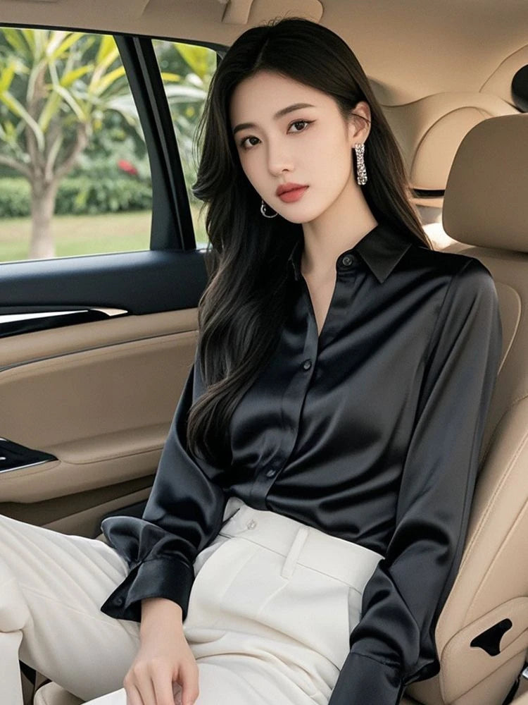 Elegant Silk Office Shirts Women Korean Fashion Y2k Clothes Slim Long Sleeve White Black Blusas Mujer Workwear Tops and Blouses.