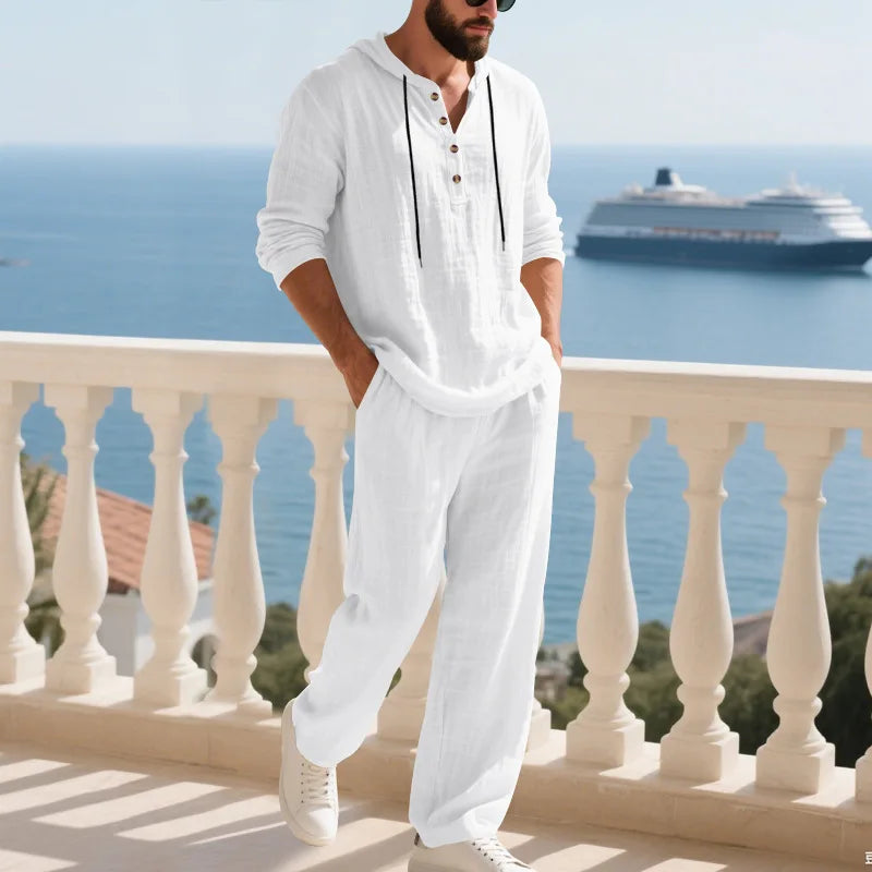 Cross-border Autumn Linen Men's Casual Suit Loose Hooded Henley Shirt Long Sleeve Pants Suit.