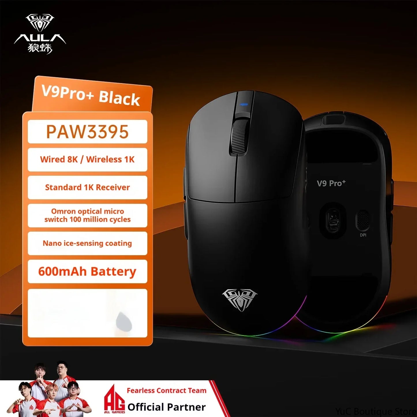 New Aula V9 Ultra Wireless E-sports Gaming Mouse Double 8k 3mode PAW 3950 8k 55g Lightweight Ergonomic Mouse Custom PC Accessory