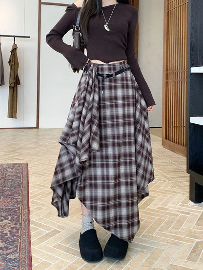 Qiukichonson Long Skirts Women Woolen Skirt 2025 Goth Autumn Winter High Waist Ruffles Asymmetrical Plaid Skirt Maxi With Belt.