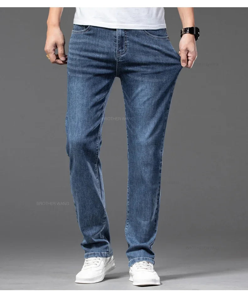 Spring Summer Thin Men's Classic Jeans Elastic Loose Straight Cotton Casual Denim Trousers Brand Clothing Business Male Pants.