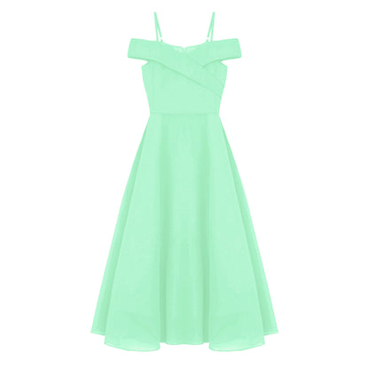Elegantes Chiffon-Partykleid für Mädchen, schulterfrei, verstellbarer Spaghettiträger, bodenlanges Maxikleid für Hochzeit, Geburtstag, Abend