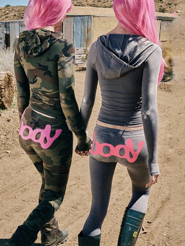 Weird Puss Letter Print 2 Piece Set Women Tracksuit Hooded Jacket+Leggings Matching Stretch Streetwear Casual Sporty Outfits.