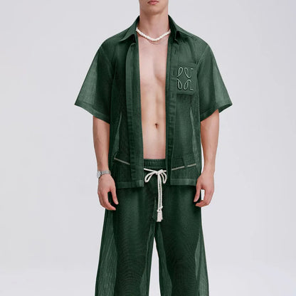 INCERUN Men Sets Mesh Patchwork See Through Sexy Short Sleeve Shirts & Pants Two Pieces Sets Streetwear 2025 Men's Casual Suits.