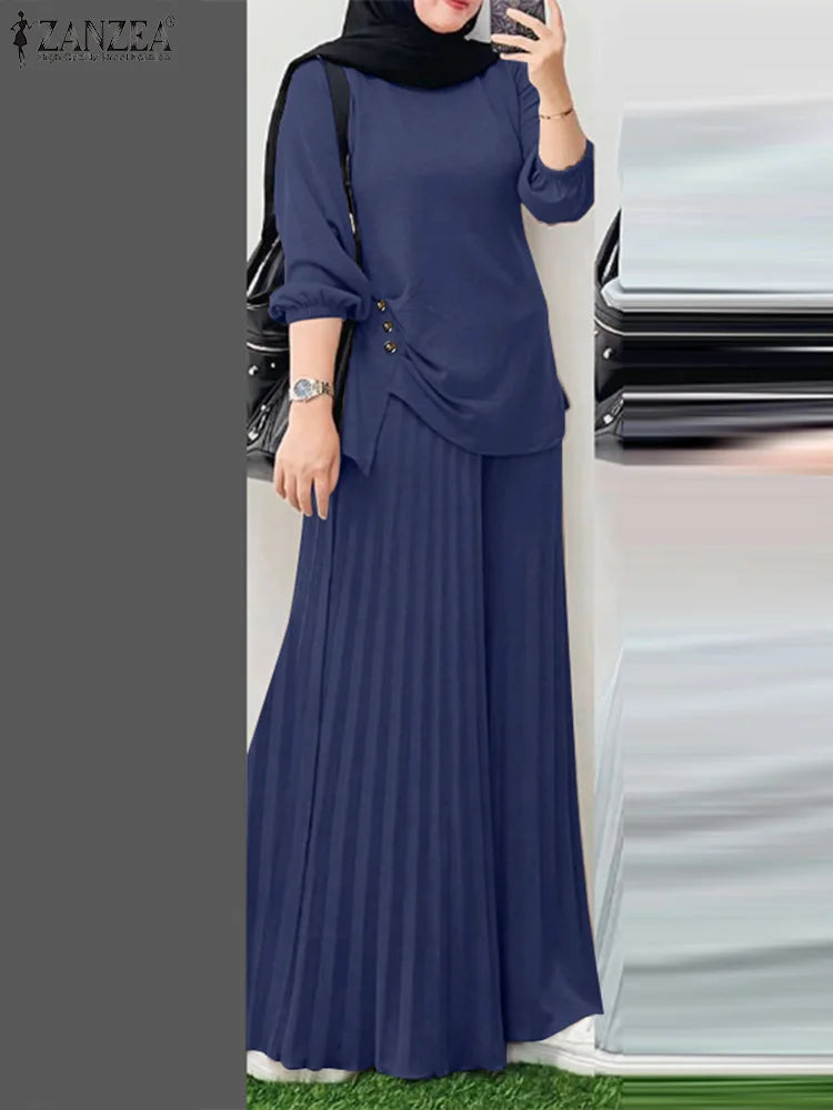 ZANZEA Muslim Sets Fashion 2pcs Women Long Sleeve Blouse Wide Leg Pant Sets Causal Spring Solid Work Outfits Islamic Clothing