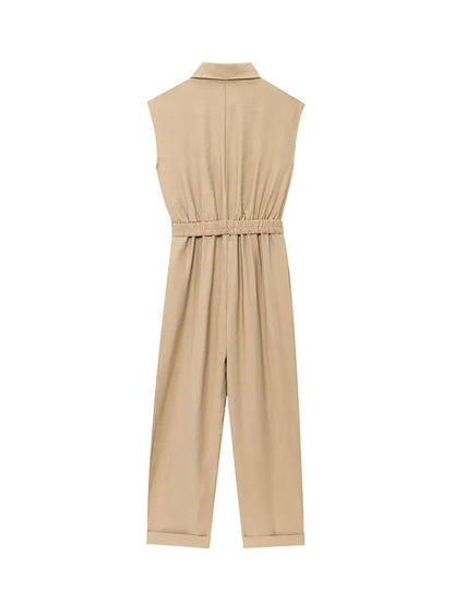 2025 Summer Vintage Casual Chic Women Jumpsuits Solid Sleeveless Belt Wide Leg Bodysuits Fashion Jumpsuit.