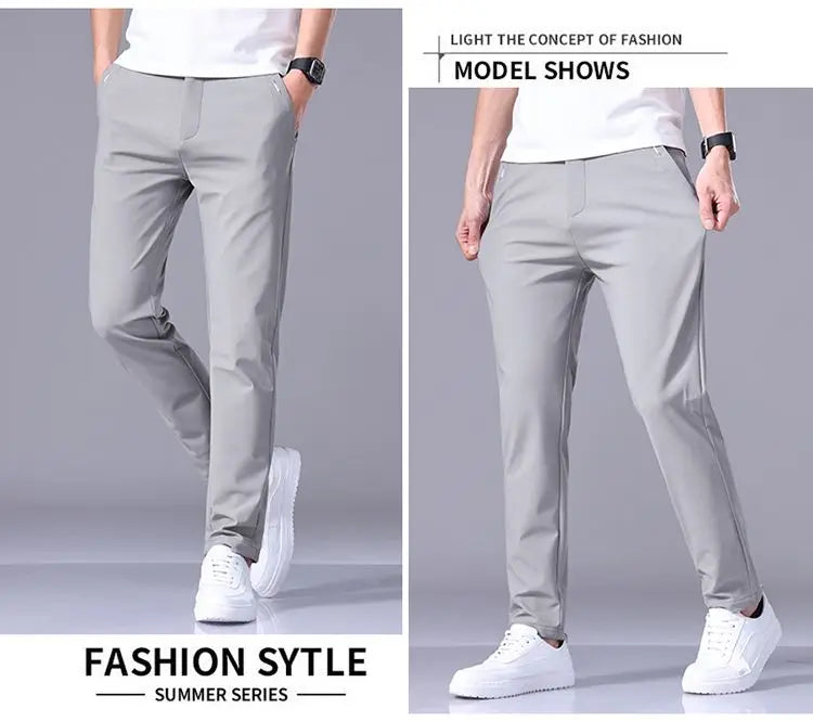 Ultra-thin Elastic Men's Casual Trousers Summer Quick-drying Ice Silk Slim Straight Business Solid Color Trousers Black Gray.