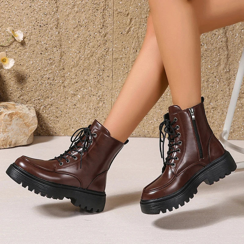 Women's Pu Leather Platform Ankle Boots Plus Size 35-42 Lace Up Motorcycle Boots Women Comfort Wide Leg Black Short Booties.