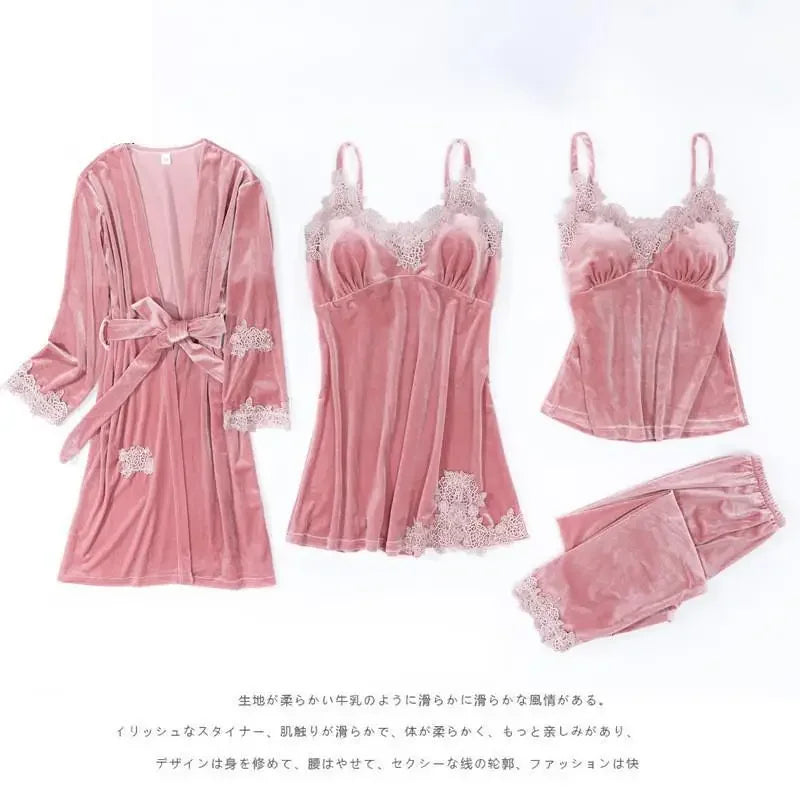 Autumn Velvet Women 4PCS Pajamas Set Sleepwear Burgundy Velour Bathrobe Nightwear Lace Patchwork Pijamas Suit Sexy Negligee