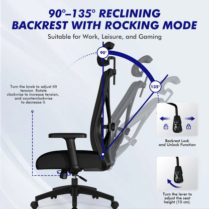 AUTHMIC Ergonomischer Bürostuhl mit Netzrücken, 5D-Lendenwirbelstütze, Liegestuhl 90–135 ° , Verstellbare Armlehne und Kopfstütze für das Heimbüro