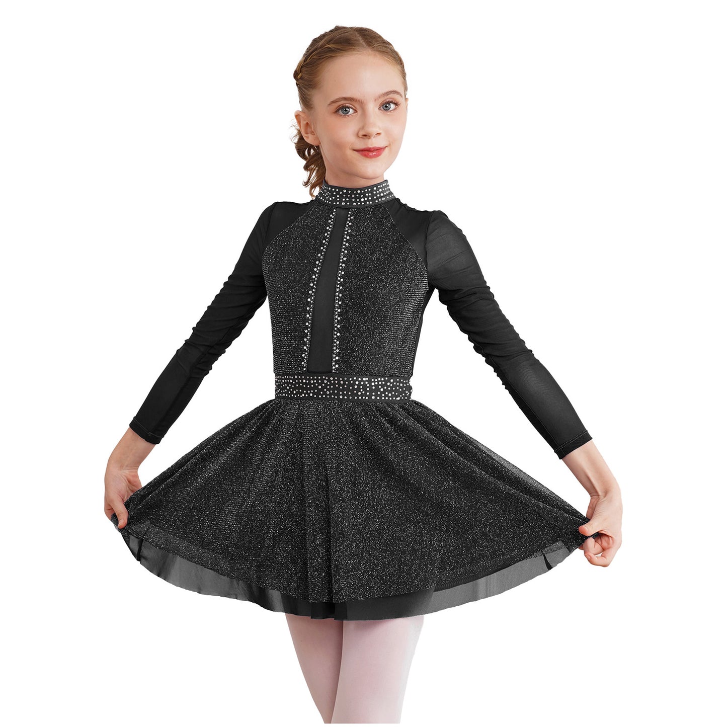Kinder Mädchen Eiskunstlauf Kostüm Ballett lyrische Tanz gymnastik Trikot Kleid Langarm glänzend Mesh Performance Dance wear.