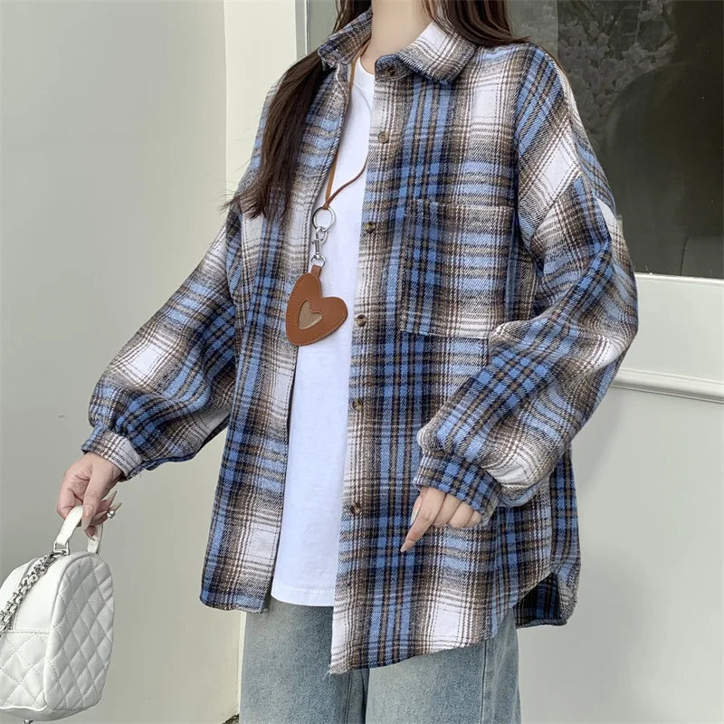 Zjaiss Women Thick Woolen Plaid Blouse Loose Long Sleeved Tops 2025 Autumn Winter New Casual Shirt Long Shirts