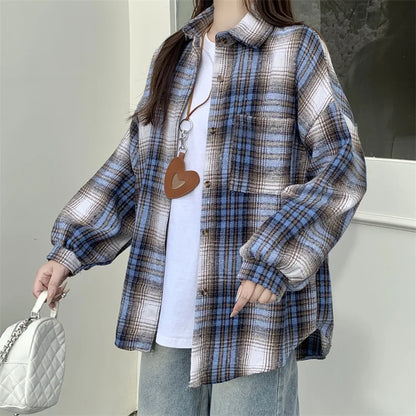 Zjaiss Women Thick Woolen Plaid Blouse Loose Long Sleeved Tops 2025 Autumn Winter New Casual Shirt Long Shirts