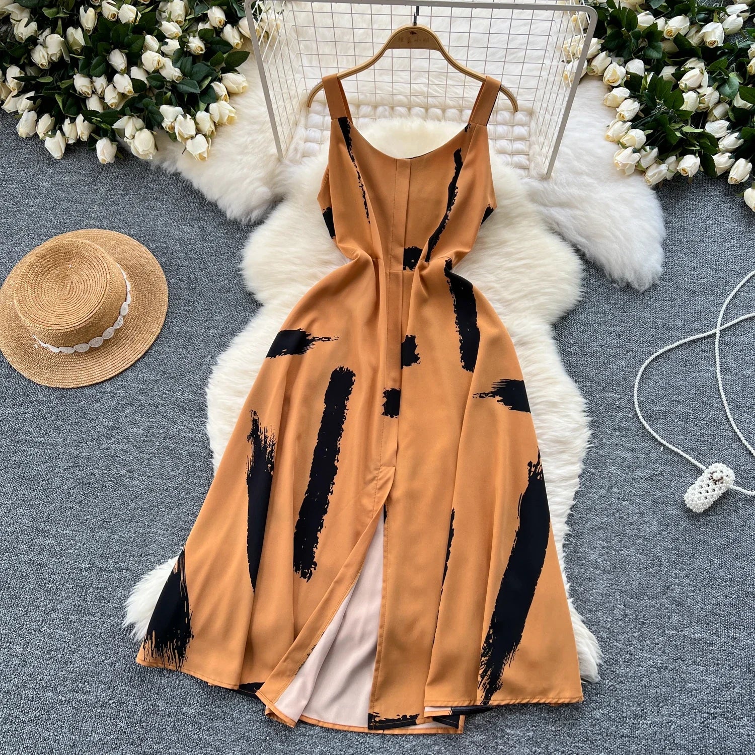 Neue Sommer Druck Süße Kleid Träger O Neck Backless Split Elegante Damen Urlaub Strand Party Midi Sommerkleid.