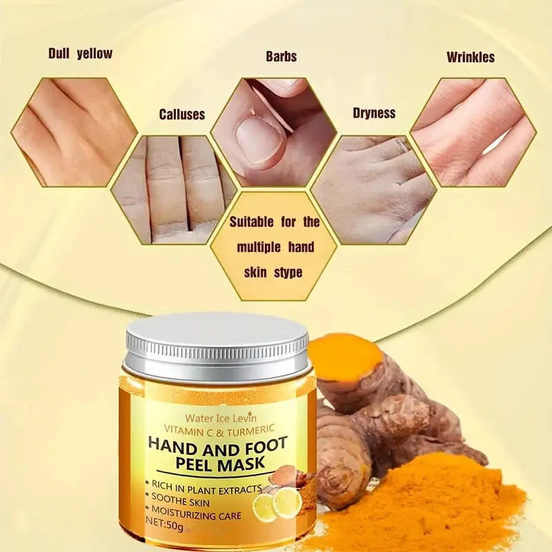 Vitamin c and turmeric hand wax mask for hands and feet, smoothing skin, gently cleansing hand mask, illuminating hand skin.