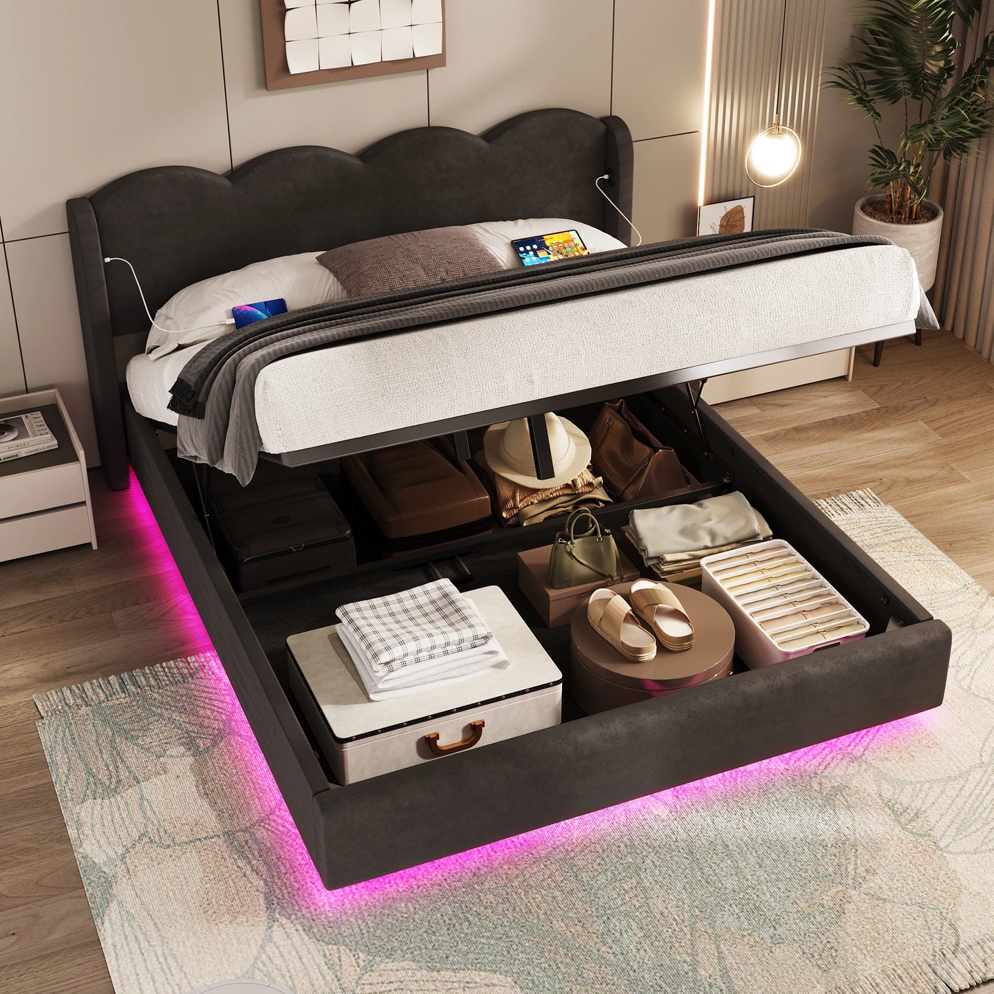 Gepolstertes Doppelbettrahmenpaneel, flache Nudelrahmenhalterung aus Wellpappe, mit LED-Licht, USB+C-Schnittstellenaufladung, 160 cm × 200 cm